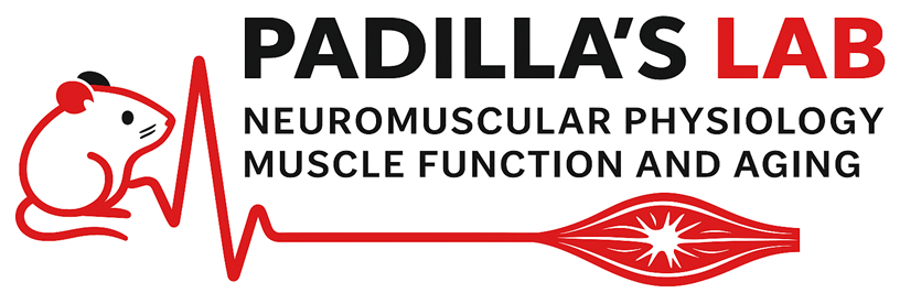 Logo of a mouse and a neuron with text that reads Padilla's Lab Neuromuscular Physiology Muscle Function and Aging