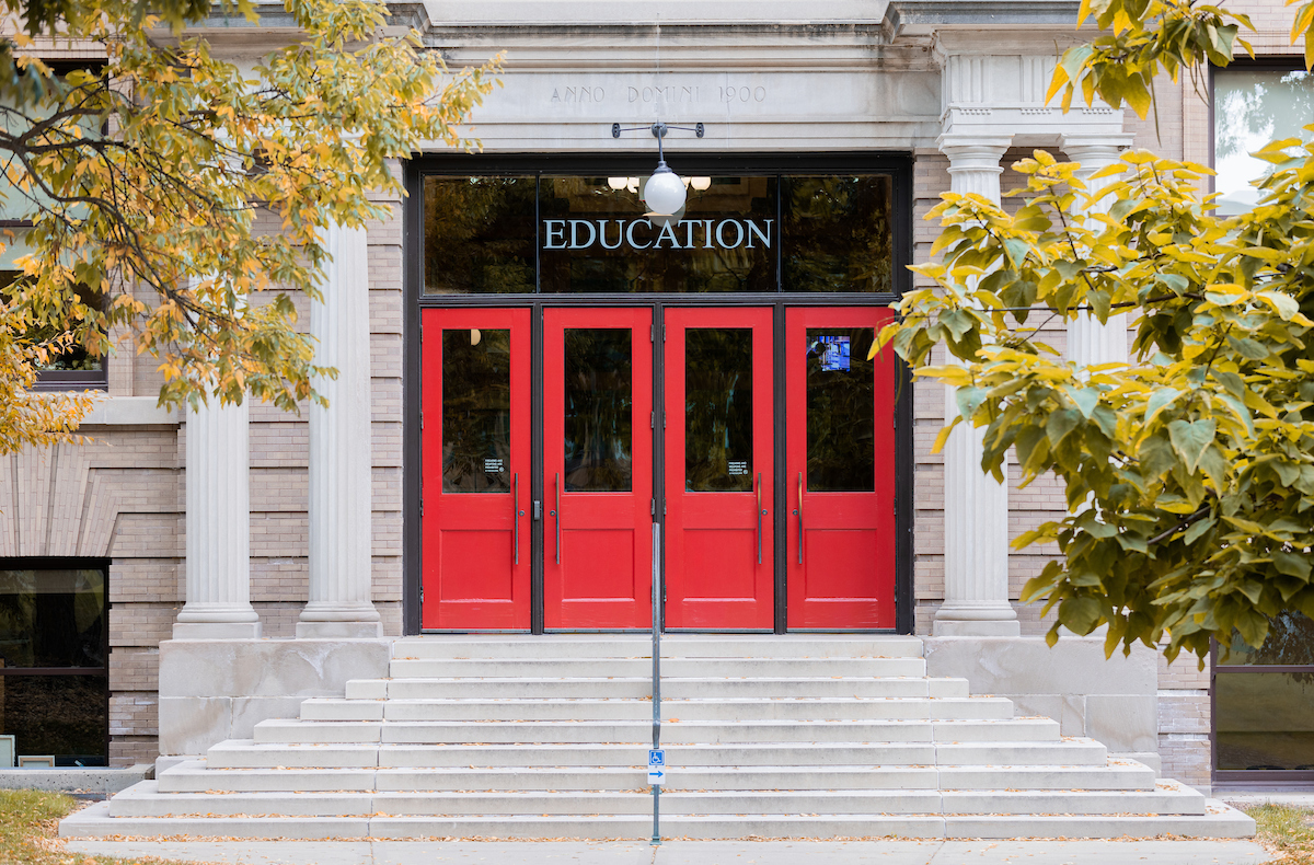 Education Building doors in fall.